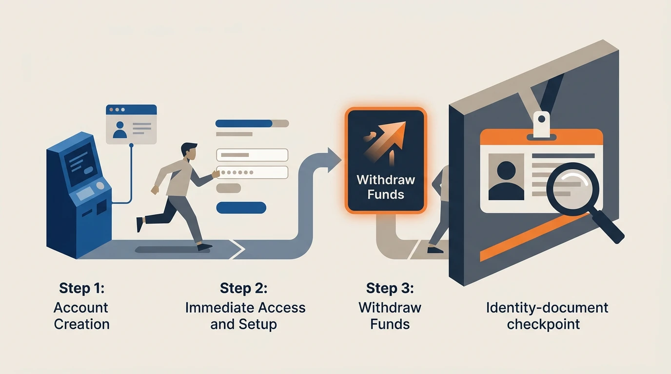 No-KYC registration process showing verification deferred to the withdrawal stage